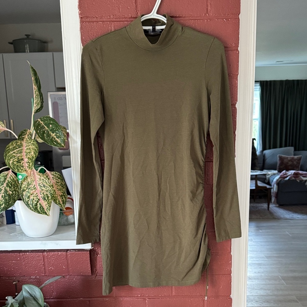 Theory Olive Long Sleeve Mock Neck Ruched Mini Dress Medium